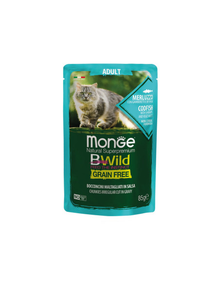Monge Bwild Buste Grain Free Adult - Dorsz z krewetkami i warzywami w sosie 85g